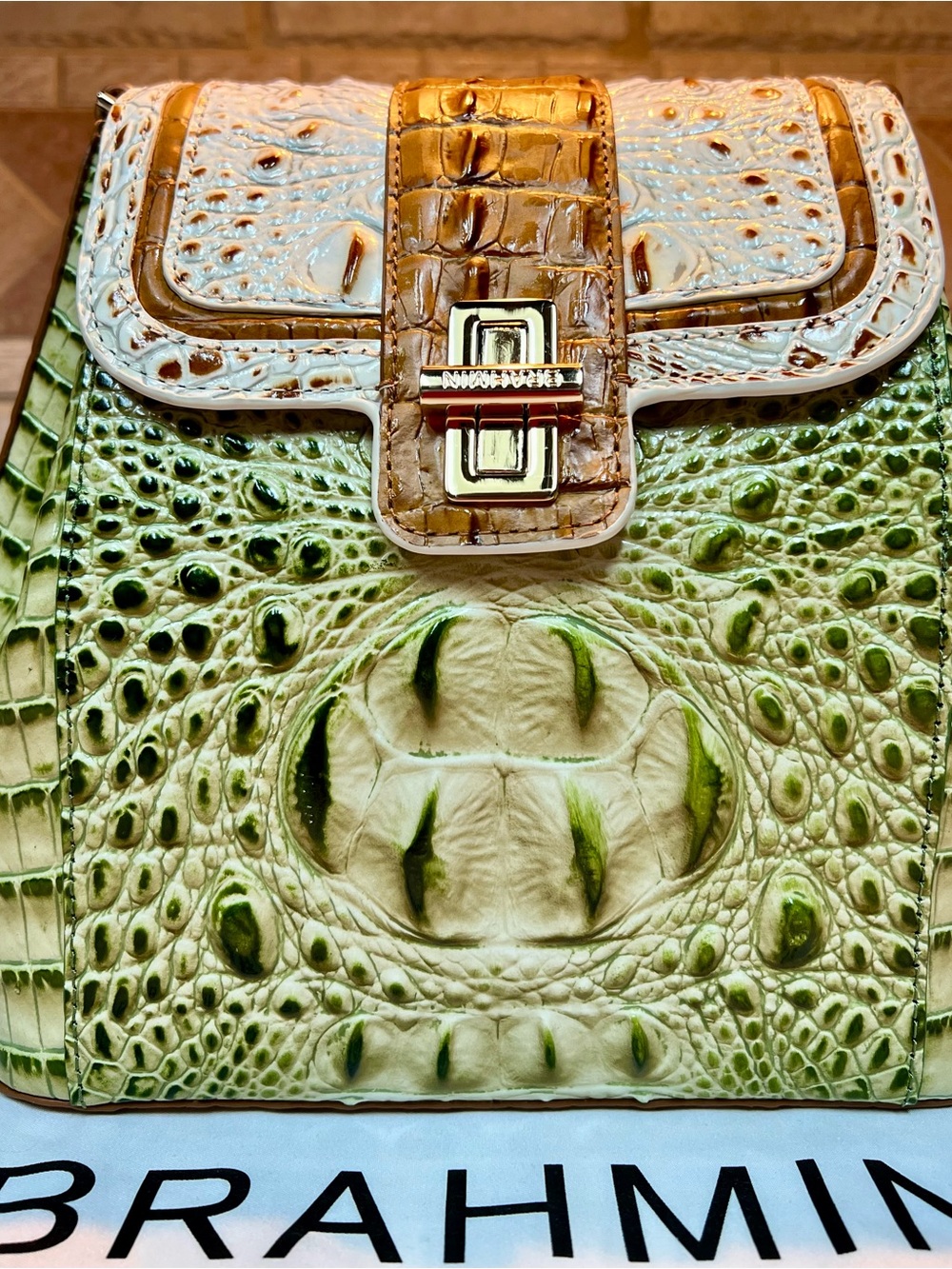 Brahmin Green and White Croc-Embossed Satchel with Gold Hardware